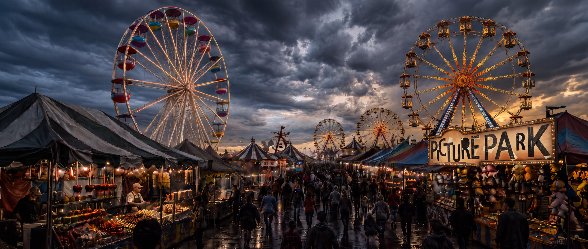 A surreal fairground beneath storm clouds, with glowing Ferris wheels and an illuminated Picture Park sign